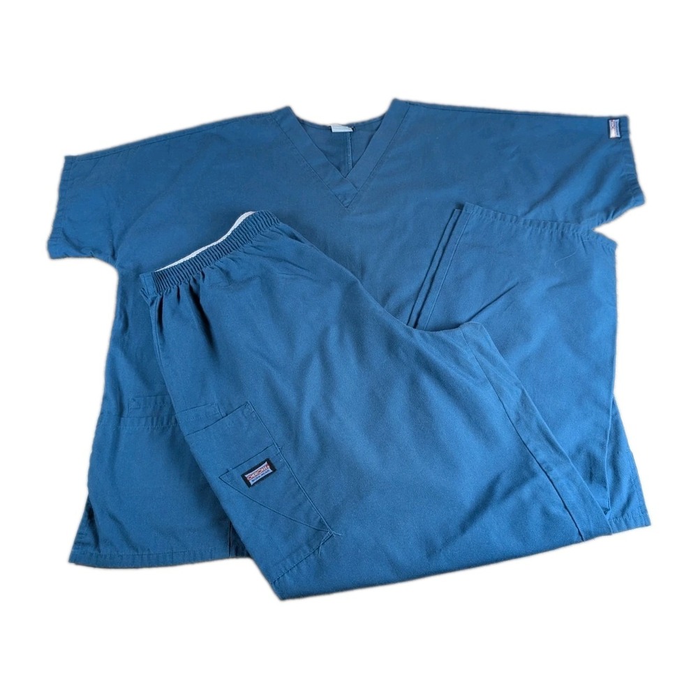 Cherokee Workwear Scrub Set XL Blue V-Neck Top & Elastic Waist Pants Uniform